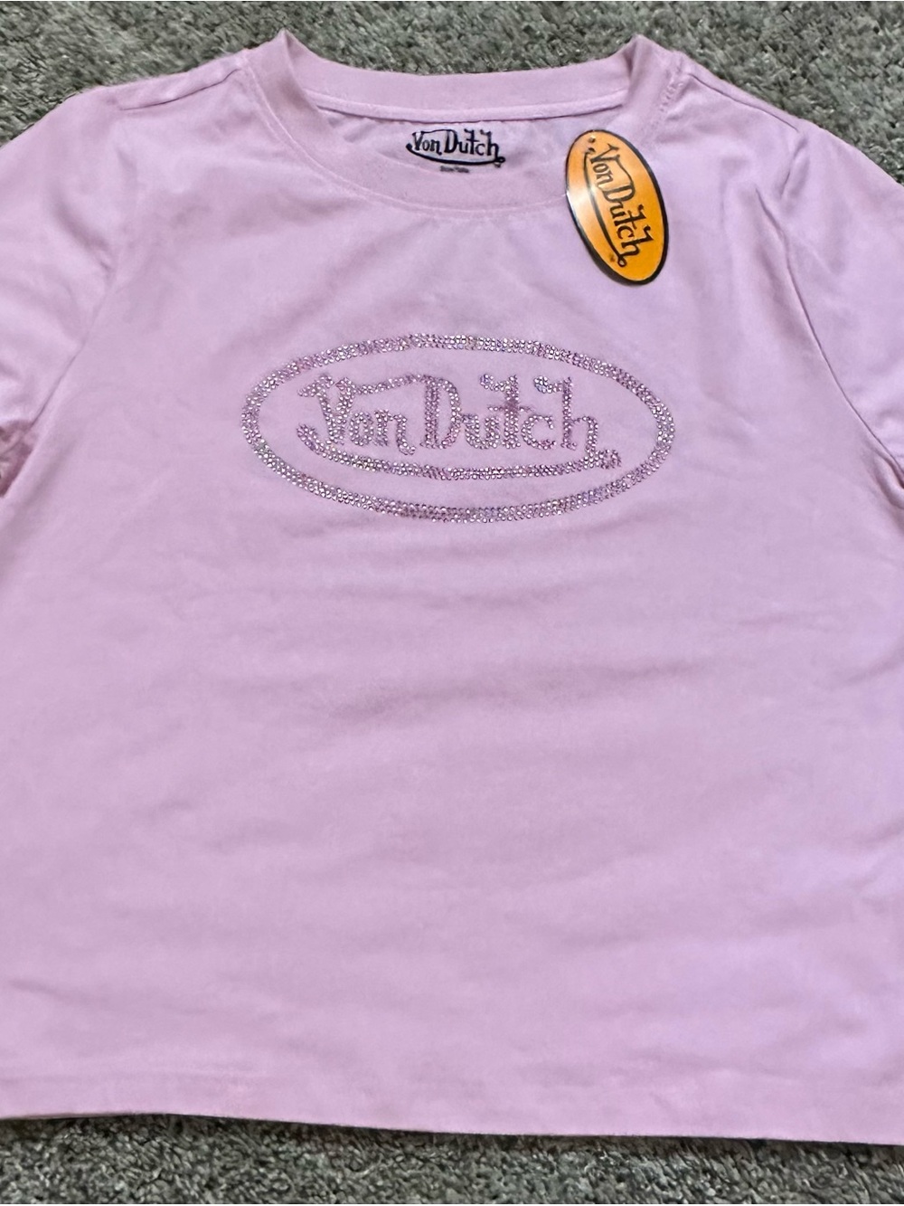 Von Dutch Light Pink Crystal Logo Short Sleeve Tee